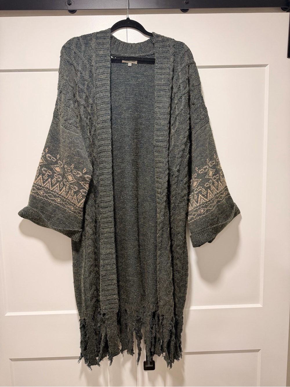 paparazzi Slate Green Open-Front Fringe Cardigan with Cream Fair Isle